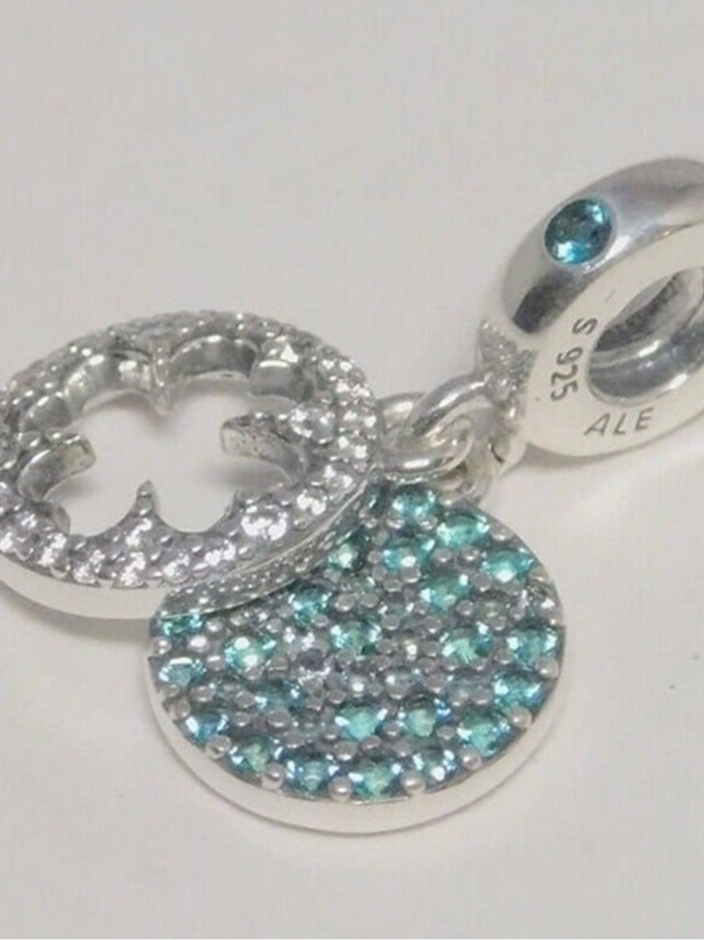 Pandora Sterling Silver Aqua and Clear Pavé Double Dangle Charm